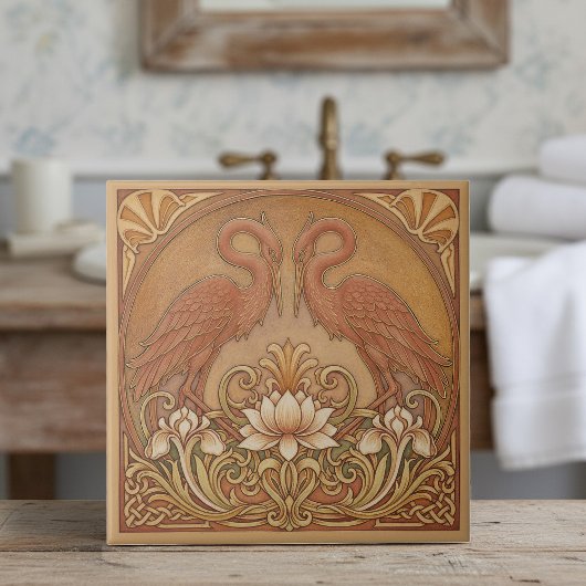 Art Nouveau Mirrored CranePat#9 Terra Cotta ID1193 タイル