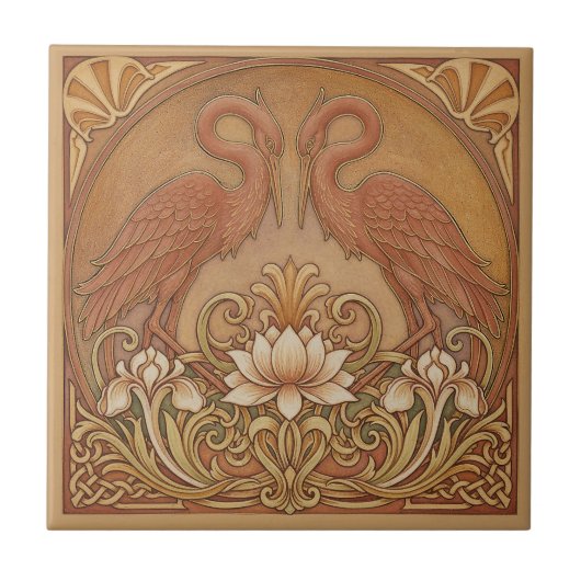 Art Nouveau Mirrored CranePat#9 Terra Cotta ID1193 タイル (正面)