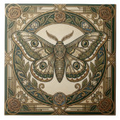 Art Nouveau Moth Green Gold Floral Ceramic Tile タイル (正面)