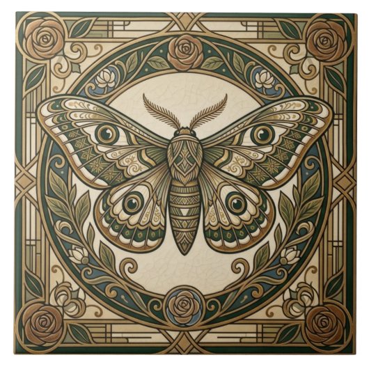 Art Nouveau Moth Green Gold Floral Ceramic Tile タイル (正面)