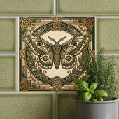 Art Nouveau Moth Green Gold Floral Ceramic Tile タイル