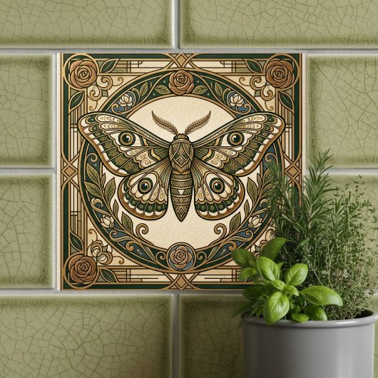 Art Nouveau Moth Green Gold Floral Ceramic Tile タイル