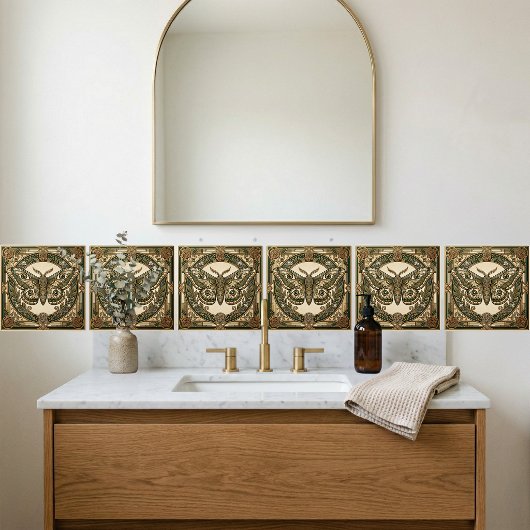 Art Nouveau Moth Green Gold Floral Ceramic Tile タイル
