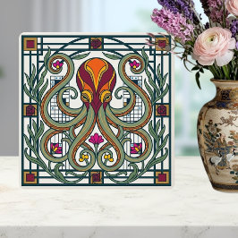 Art Nouveau Octopus Orange Burgundy Green Floral D タイル