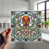 Art Nouveau Octopus Orange Burgundy Green Floral D タイル