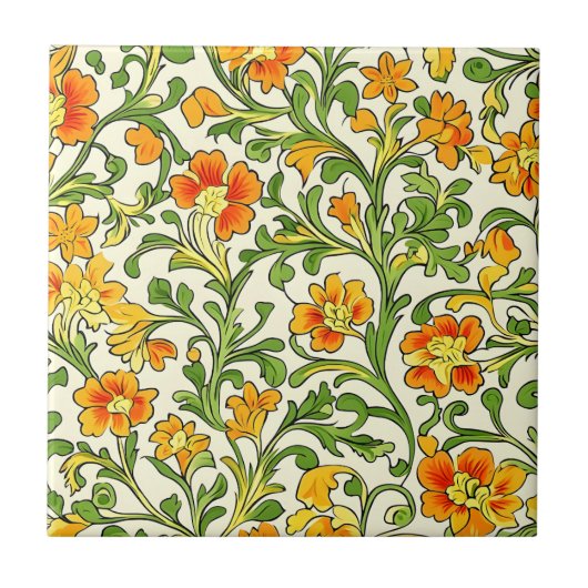  Art Nouveau orange and yellow floral pattern  タイル (正面)