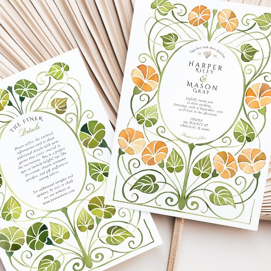 Art Nouveau Orange Greenery Foliage Wedding 招待状