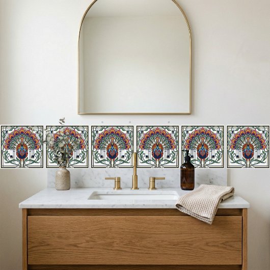 Art Nouveau Peacock Feather Floral Design Ceramic タイル