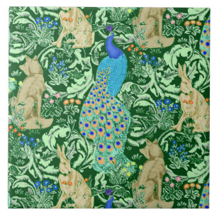 Art Nouveau Peacock Print, Cobalt Blue & Green タイル