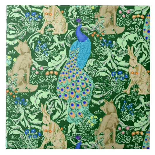Art Nouveau Peacock Print, Cobalt Blue & Green タイル (正面)