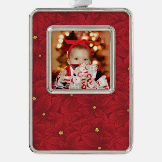 Art Nouveau Poinsettia Baby's First Christmas シルバープレートフレームオーナメント (正面)