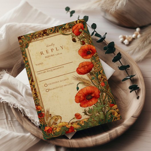 Art Nouveau Poppy Wedding 出欠カード