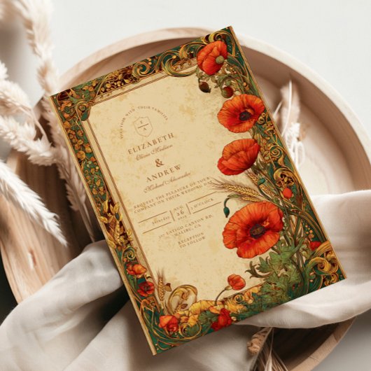 Art Nouveau Poppy Wedding 招待状
