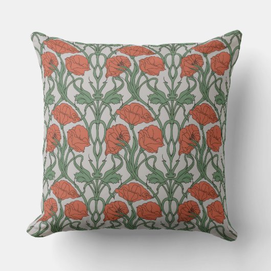 Art Nouveau Red Poppy Floral Print クッション (正面)