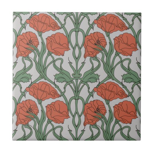 Art Nouveau Red Poppy Floral Print タイル (正面)