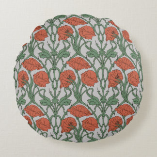 Art Nouveau Red Poppy Floral Print ラウンドクッション