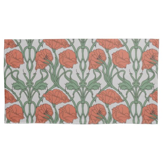 Art Nouveau Red Poppy Floral Print 枕カバー (正面左)