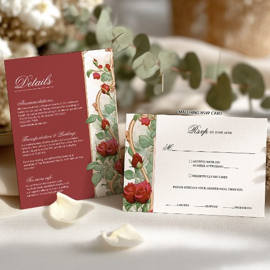 Art Nouveau Red Rose Greenery Wedding Details 