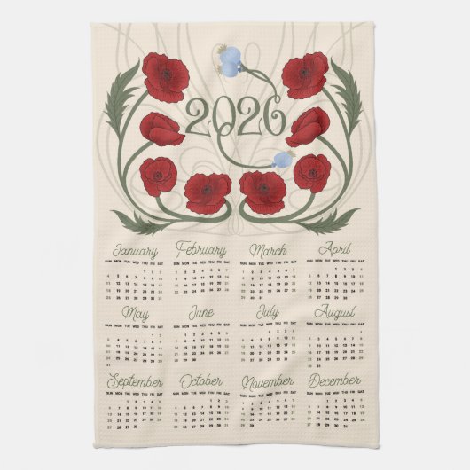 Art Nouveau Retro Floral Red Poppy 2026 Calendar キッチンタオル (縦)