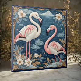 Art Nouveau Romantic Flamingo Couple Floral Motifs タイル