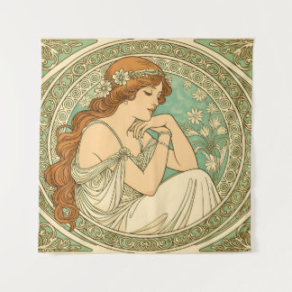 Art nouveau romantic illustration white flowers タペストリー