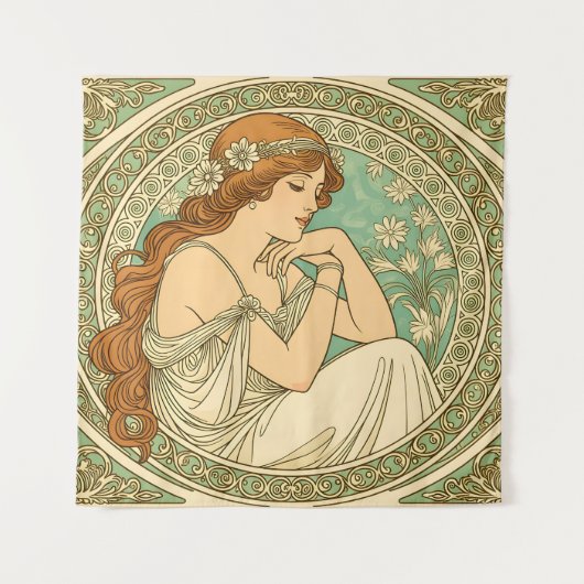 Art nouveau romantic illustration white flowers タペストリー (正面)