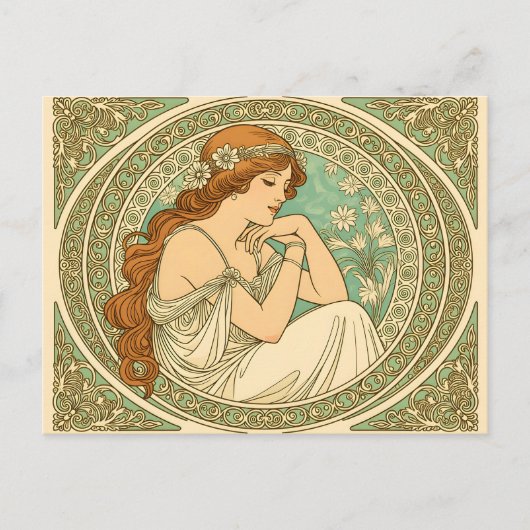 Art nouveau romantic illustration white flowers ポストカード (正面)