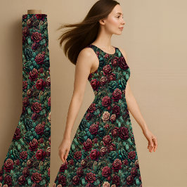 Art Nouveau Rose Teal Gold Maximalist Fabric Print ファブリック