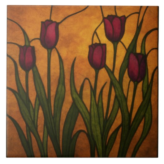 Art Nouveau Stained Glass Style Tulip タイル (正面)