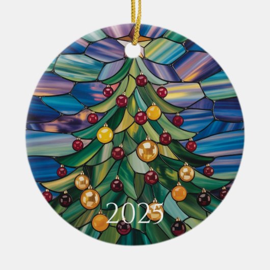 Art Nouveau Stained Glass Tree – 2025 Holiday Gift セラミックオーナメント (正面)