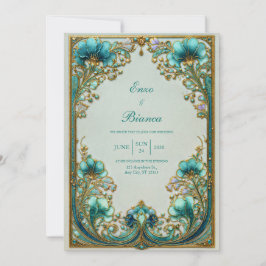 Art Nouveau Turquoise Floral Gilded Wedding 招待状