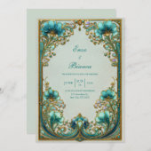 Art Nouveau Turquoise Floral Gilded Wedding 招待状 (正面/裏面)