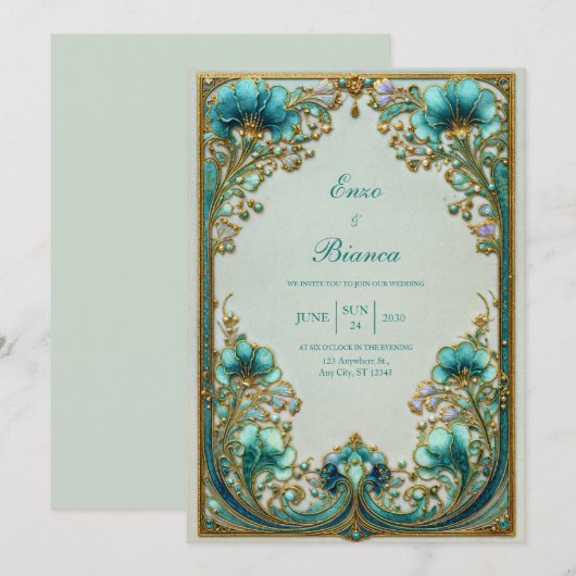 Art Nouveau Turquoise Floral Gilded Wedding 招待状 (正面/裏面)