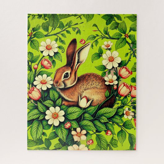 Art Nouveau Wild Rabbit and Flowers ジグソーパズル (縦)