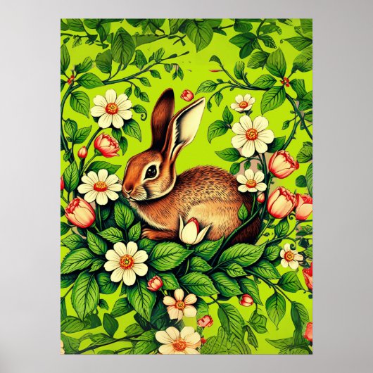 Art Nouveau Wild Rabbit and Flowers ポスター (正面)