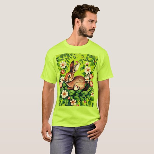 Art Nouveau Wild Rabbit and Flowers Tシャツ (正面フル)