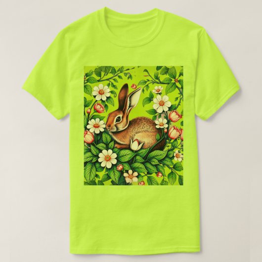 Art Nouveau Wild Rabbit and Flowers Tシャツ (デザイン正面)