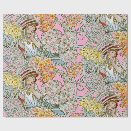 Art Nouveau Woman & Floral Pattern by Mucha ラッピングペーパー (フラット)