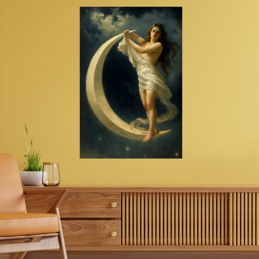 Art Nouveau Woman Riding On A Crescent Moon ポスター (リビング2)