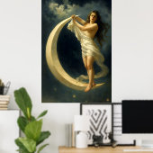 Art Nouveau Woman Riding On A Crescent Moon ポスター (ホームオフィス)