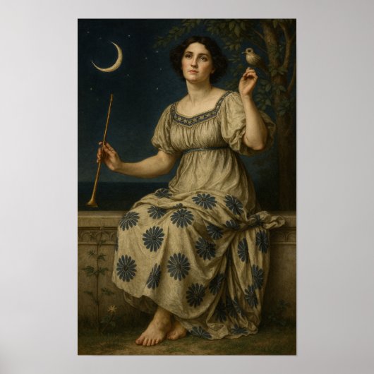 Art Nouveau Woman With Clarinet and Crescent Moon ポスター (正面)