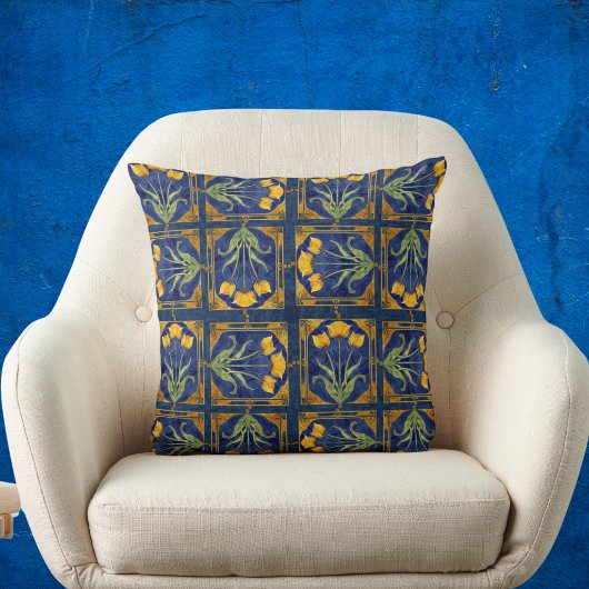 Art Nouveau Yellow Tulip n Royal Blue Tile Pattern クッション