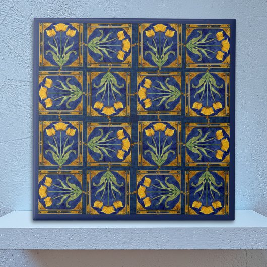 Art Nouveau Yellow Tulip n Royal Blue Tile Pattern タイル