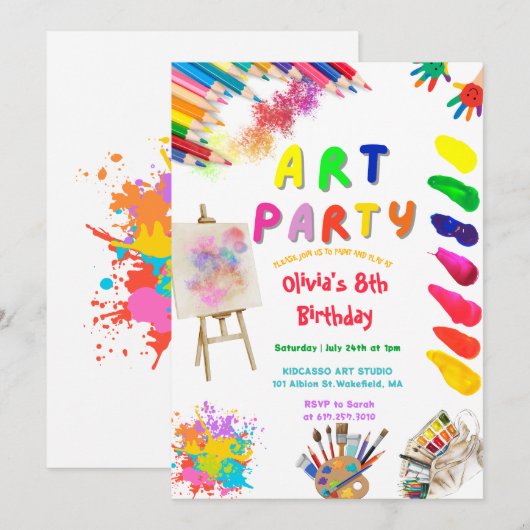 Art Party Birthday Colorful Rainbow Paint 招待状 (正面/裏面)