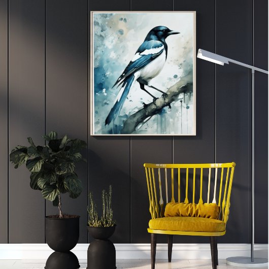 ART Poster : Elegant Magpie l Blue, Grey, Navy l  ポスター