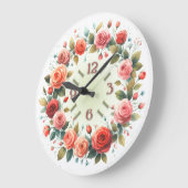 Art Print Watercolor Roses Wreath ラージ壁時計 (傾斜)