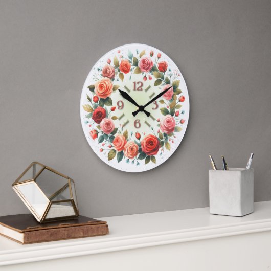 Art Print Watercolor Roses Wreath ラージ壁時計 (オフィス)