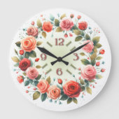 Art Print Watercolor Roses Wreath ラージ壁時計 (正面)