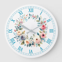 Art Print Watercolor Wildflower Roses Wreath ラージ壁時計