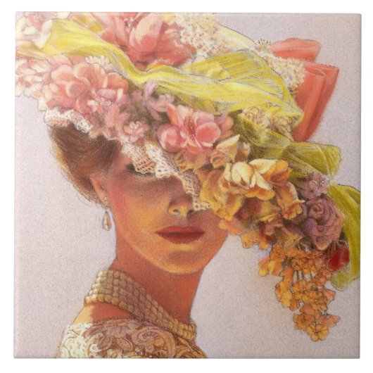 Art Tile花の帽子のエレガントなヴィンテージのビクトリアンな女性 タイル (正面)